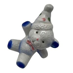 Vintage Porcelain Party Bear Figurine White Accents Party Hat 3" Anthropomorphic